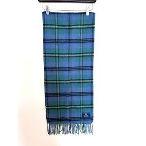 Clans Scotland Pure Lambswool Scarf Fringed Plaid French Blue Green  Black